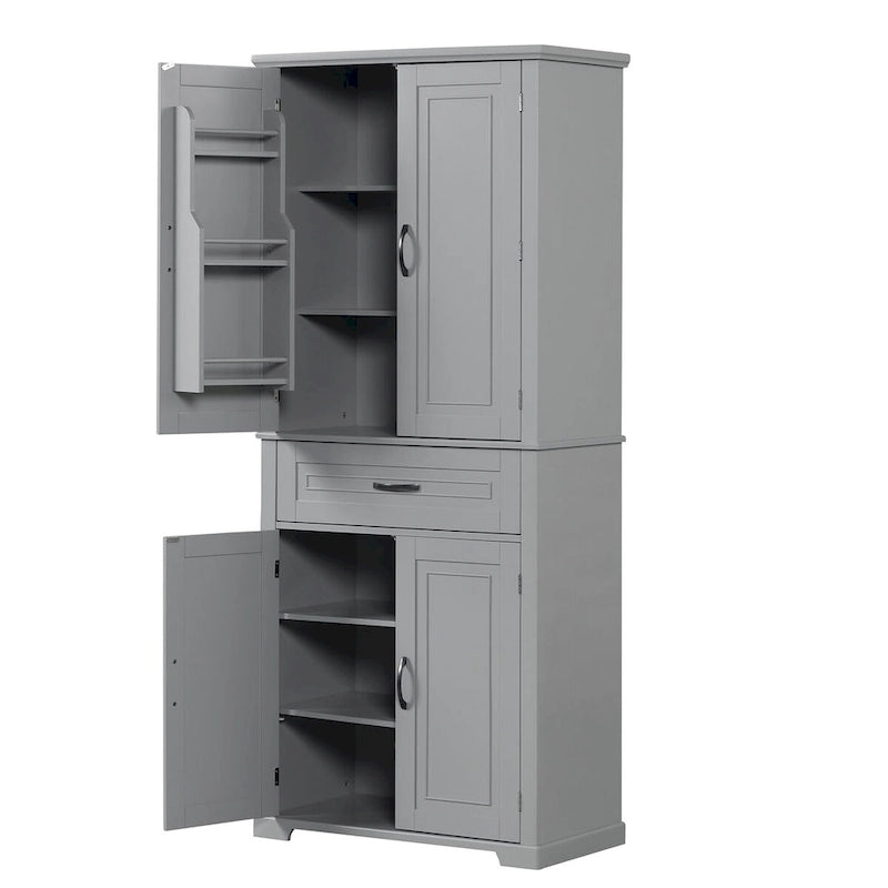 Meuble de rangement haut, finition bois gris, 4 portes et 1 tiroir