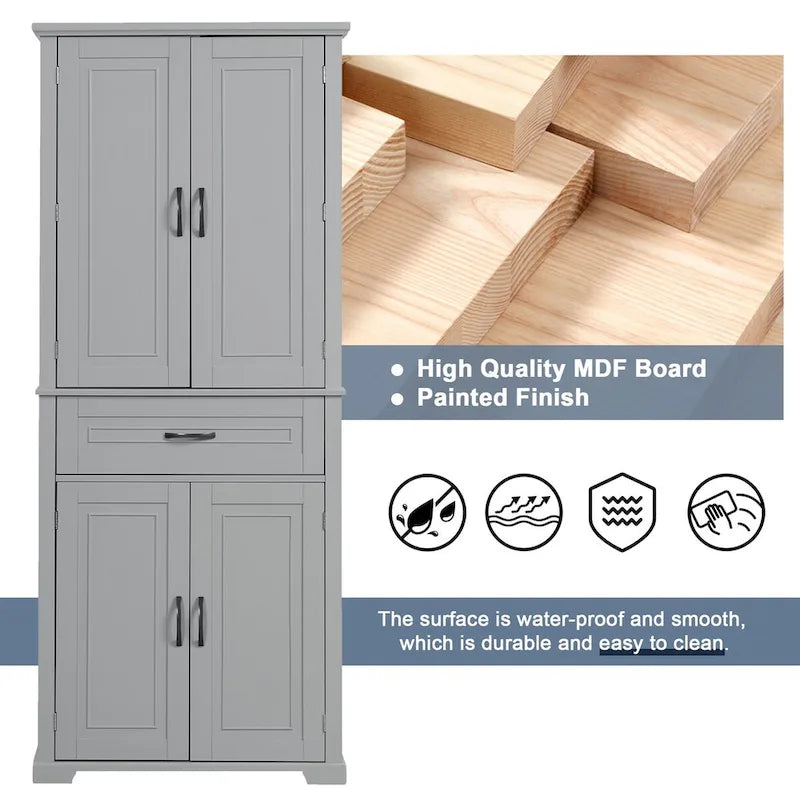 Meuble de rangement haut, finition bois gris, 4 portes et 1 tiroir