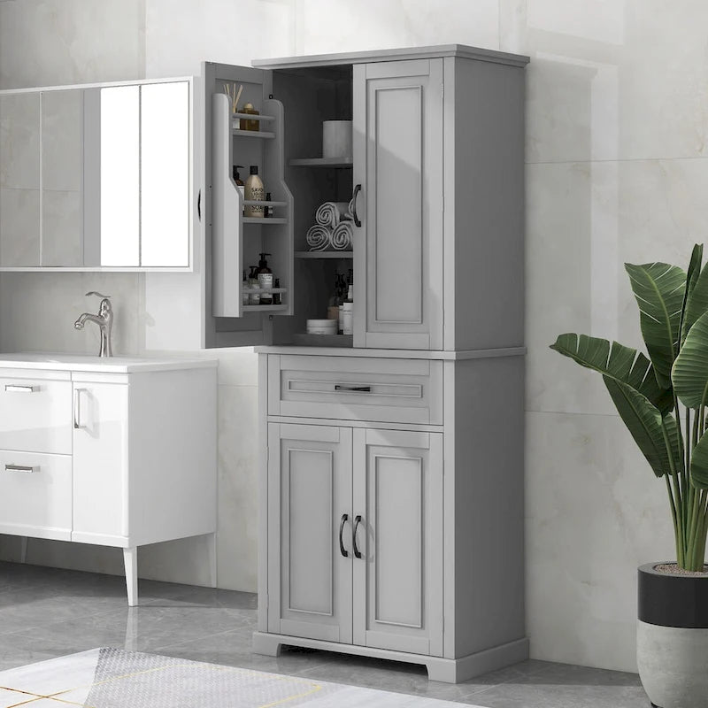 Meuble de rangement haut, finition bois gris, 4 portes et 1 tiroir