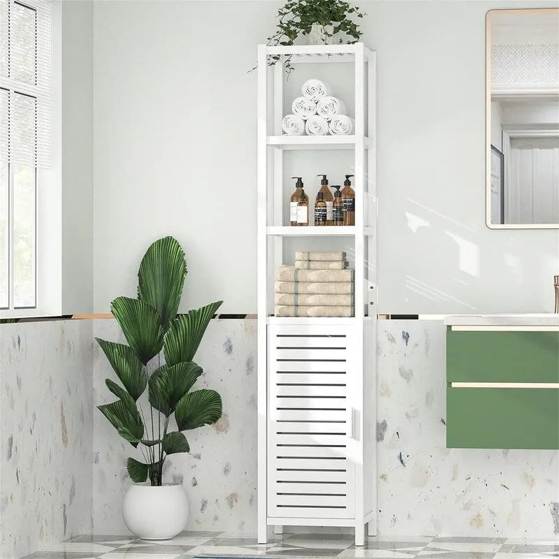 Meuble de rangement fin avec finition bois blanc, porte persienne et étagères ouvertes, 6 niveaux, 1 personne