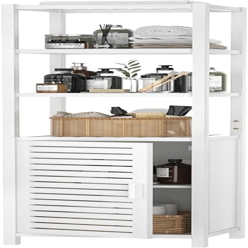 Meuble de rangement fin avec finition bois blanc, porte persienne et étagères ouvertes, 6 niveaux, 1 personne