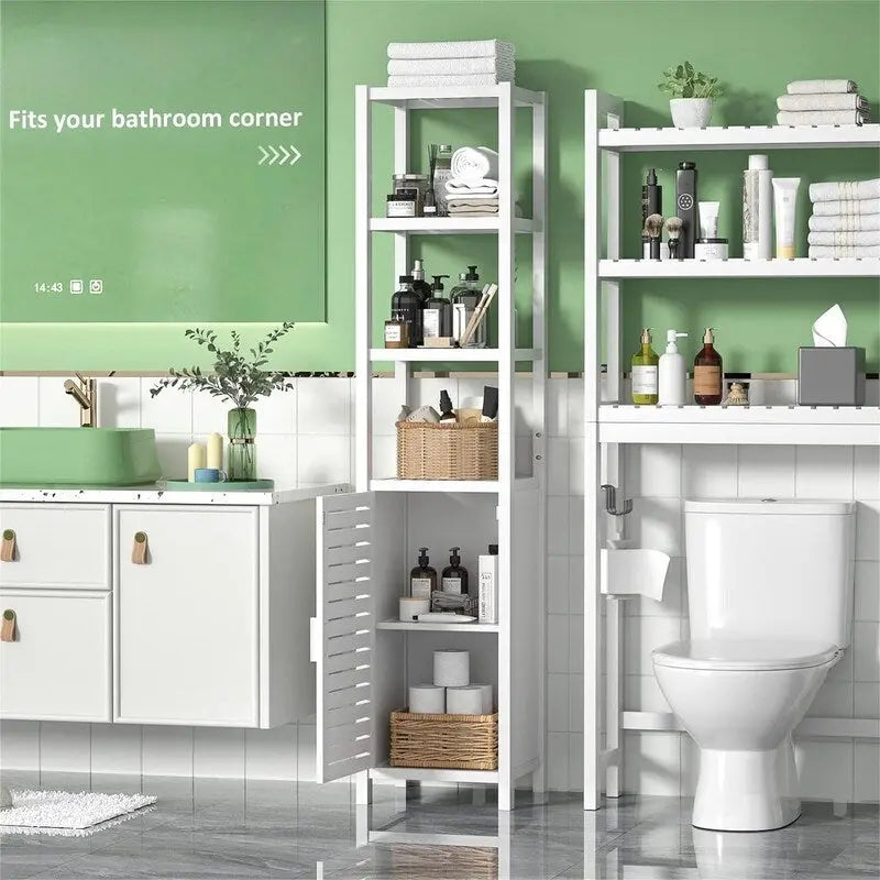 Meuble de rangement fin avec finition bois blanc, porte persienne et étagères ouvertes, 6 niveaux, 1 personne