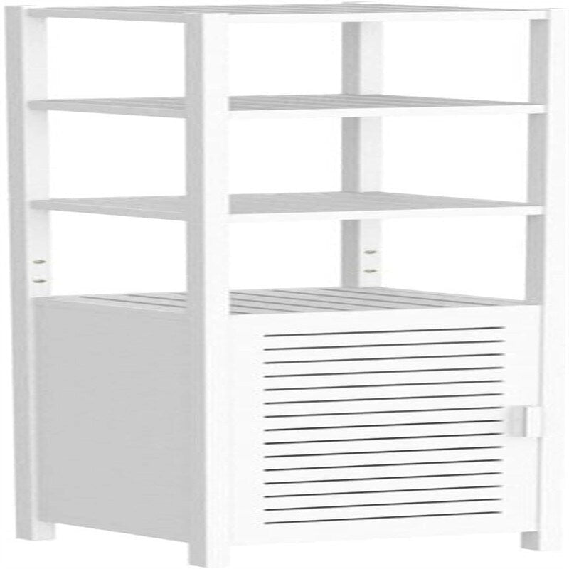 Meuble de rangement fin avec finition bois blanc, porte persienne et étagères ouvertes, 6 niveaux, 1 personne