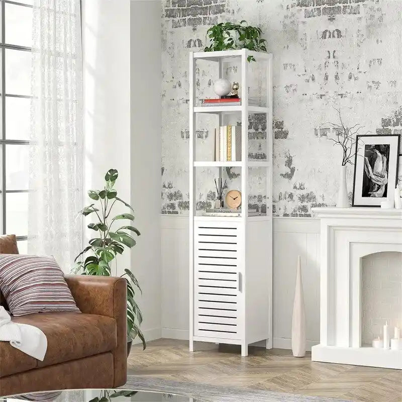 Meuble de rangement fin avec finition bois blanc, porte persienne et étagères ouvertes, 6 niveaux, 1 personne