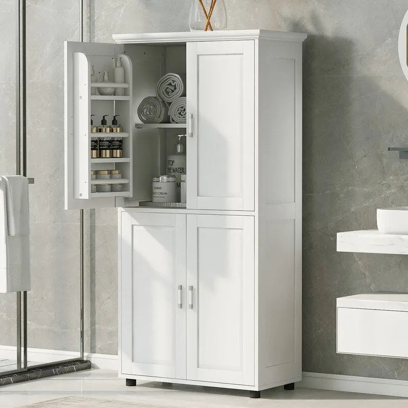 Meuble de rangement blanc autoportant, 4 portes, étagères réglables