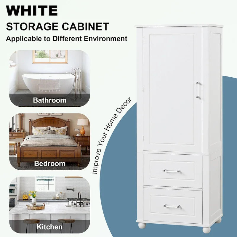 Meuble de rangement de salle de bain blanc sur pied – 2 tiroirs et étagères réglables