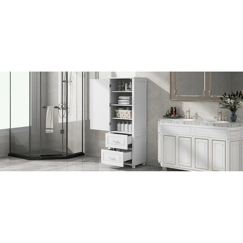 Meuble de rangement de salle de bain blanc sur pied – 2 tiroirs et étagères réglables