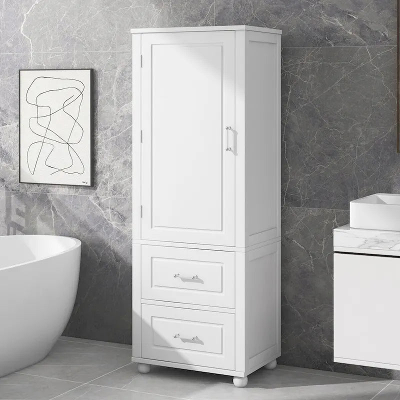 Meuble de rangement de salle de bain blanc sur pied – 2 tiroirs et étagères réglables