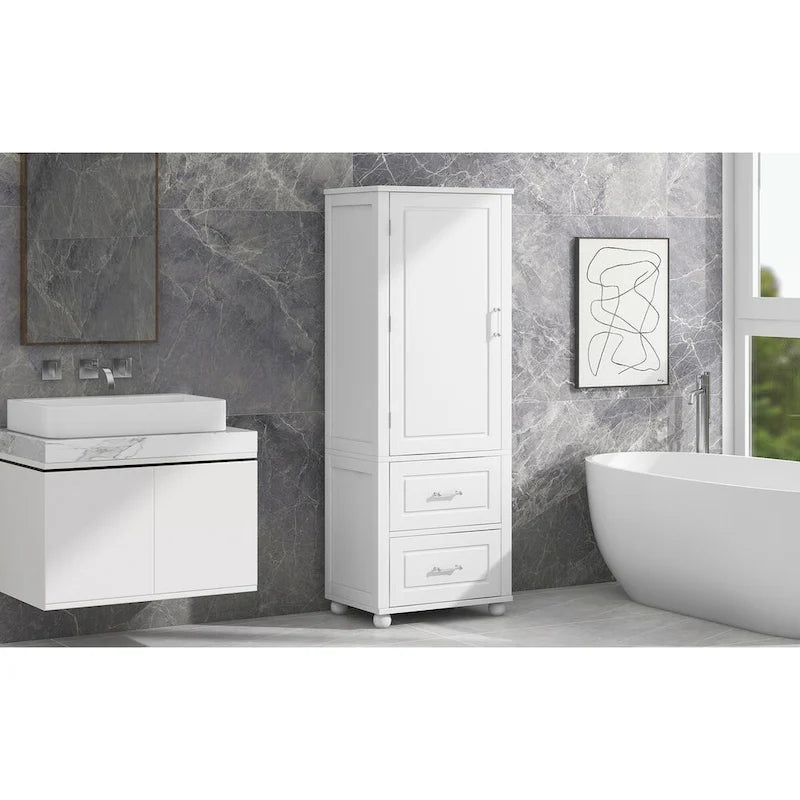 Meuble de rangement de salle de bain blanc sur pied – 2 tiroirs et étagères réglables