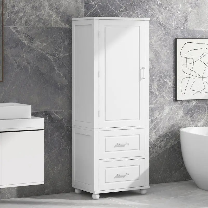 Meuble de rangement de salle de bain blanc sur pied – 2 tiroirs et étagères réglables