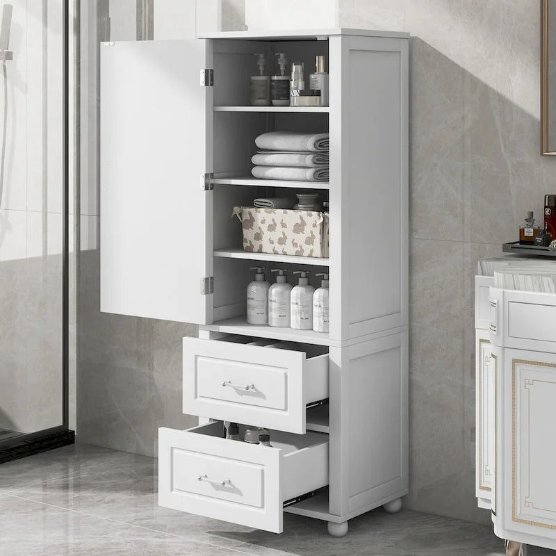 Meuble de rangement de salle de bain blanc sur pied – 2 tiroirs et étagères réglables