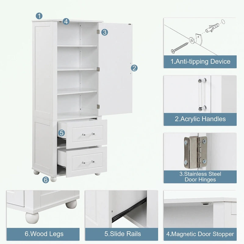Meuble de rangement de salle de bain blanc sur pied – 2 tiroirs et étagères réglables