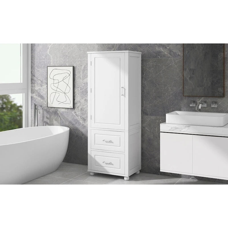 Meuble de rangement de salle de bain blanc sur pied – 2 tiroirs et étagères réglables