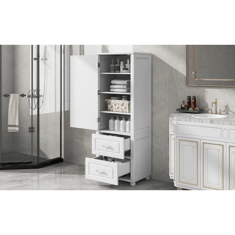 Meuble de rangement de salle de bain blanc sur pied – 2 tiroirs et étagères réglables