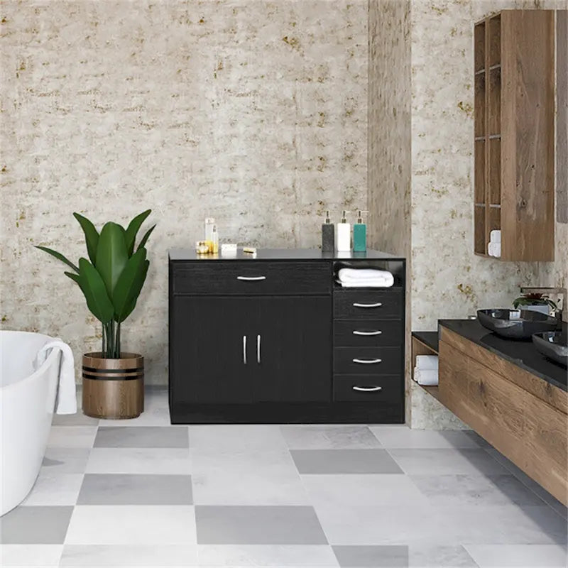 Meuble de rangement de salle de bain en MDF noir – 2 portes et 5 tiroirs, simple