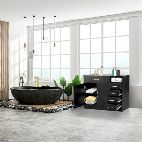 Meuble de rangement de salle de bain en MDF noir – 2 portes et 5 tiroirs, simple