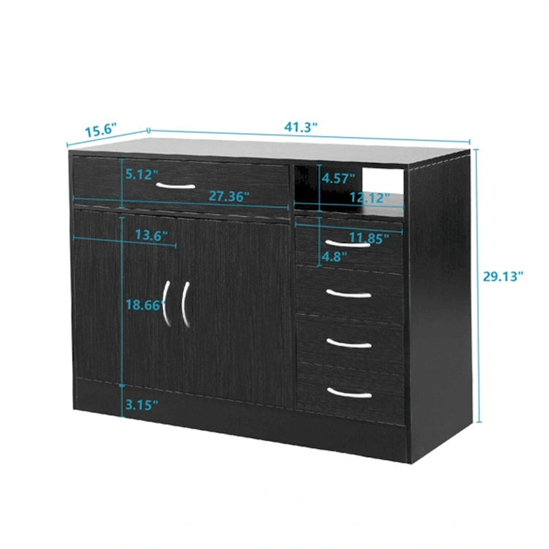 Meuble de rangement de salle de bain en MDF noir – 2 portes et 5 tiroirs, simple