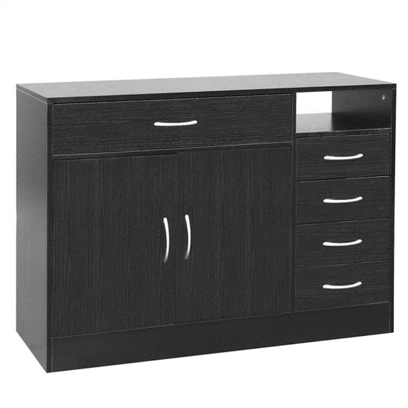Meuble de rangement de salle de bain en MDF noir – 2 portes et 5 tiroirs, simple
