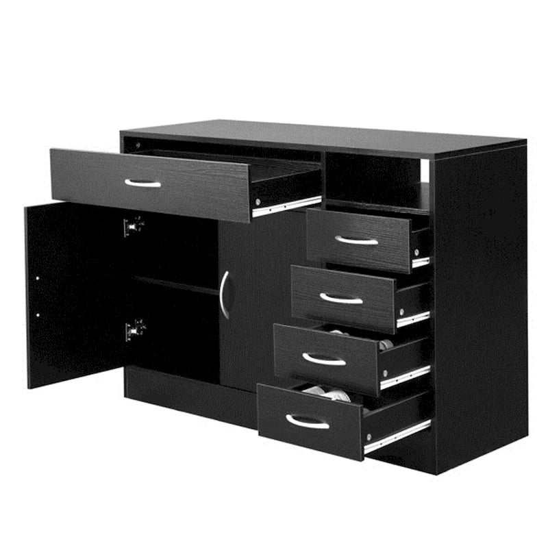 Meuble de rangement de salle de bain en MDF noir – 2 portes et 5 tiroirs, simple