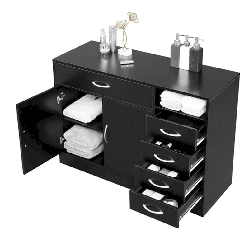 Meuble de rangement de salle de bain en MDF noir – 2 portes et 5 tiroirs, simple