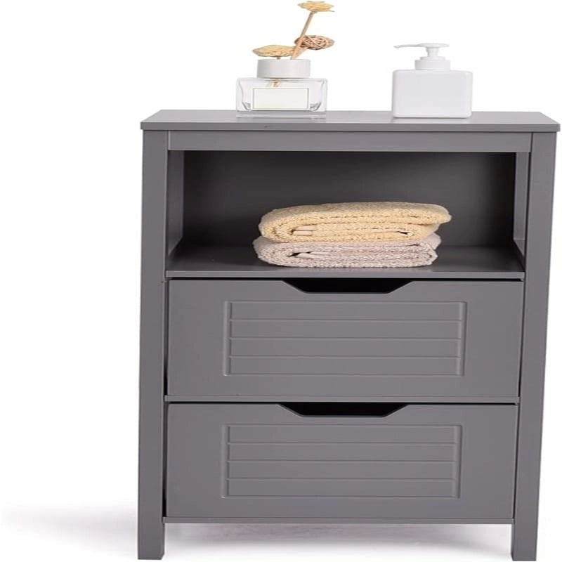 Meuble bas à 3 étagères avec 2 tiroirs et porte rainurée – Noir / Beige / Gris / Blanc, assemblage par une seule personne