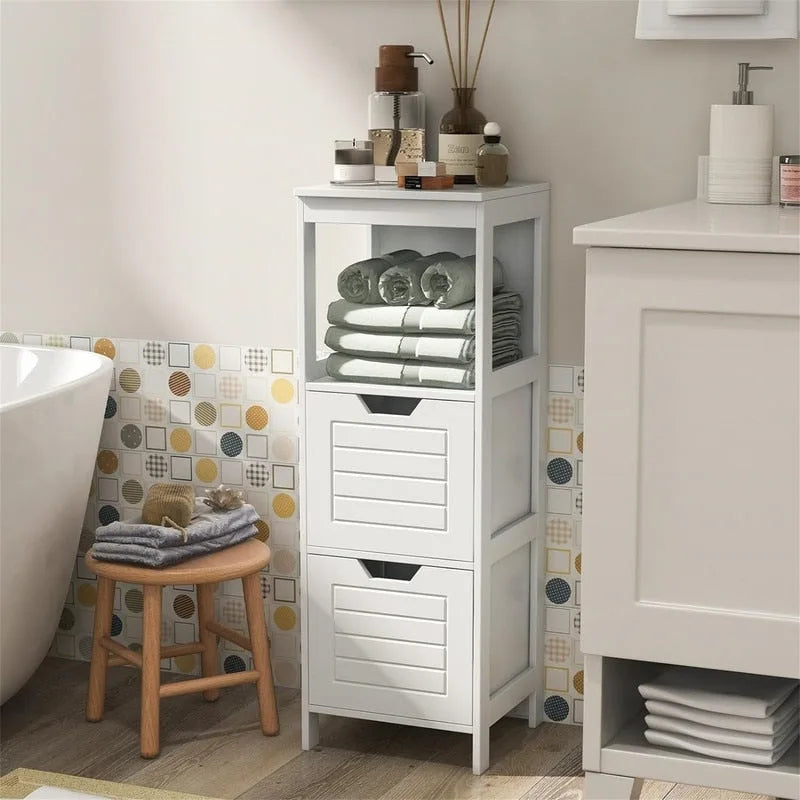 Meuble bas à 3 étagères avec 2 tiroirs et porte rainurée – Noir / Beige / Gris / Blanc, assemblage par une seule personne