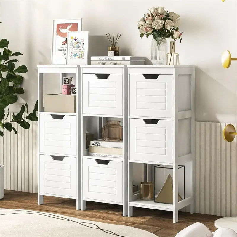 Meuble bas à 3 étagères avec 2 tiroirs et porte rainurée – Noir / Beige / Gris / Blanc, assemblage par une seule personne