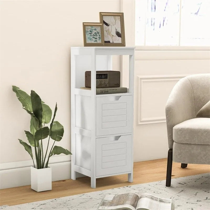 Meuble bas à 3 étagères avec 2 tiroirs et porte rainurée – Noir / Beige / Gris / Blanc, assemblage par une seule personne