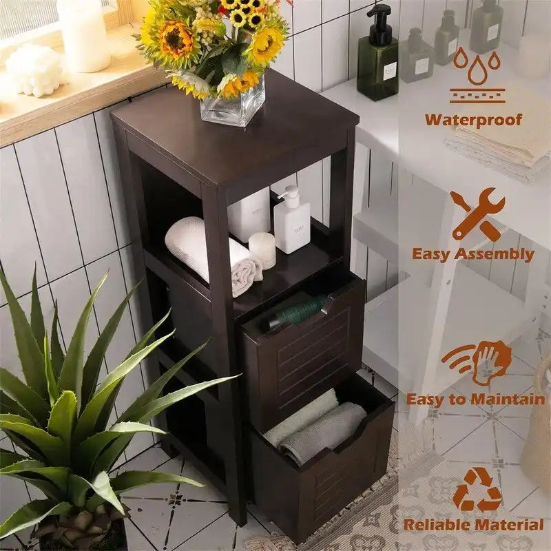 Meuble bas à 3 étagères avec 2 tiroirs et porte rainurée – Noir / Beige / Gris / Blanc, assemblage par une seule personne