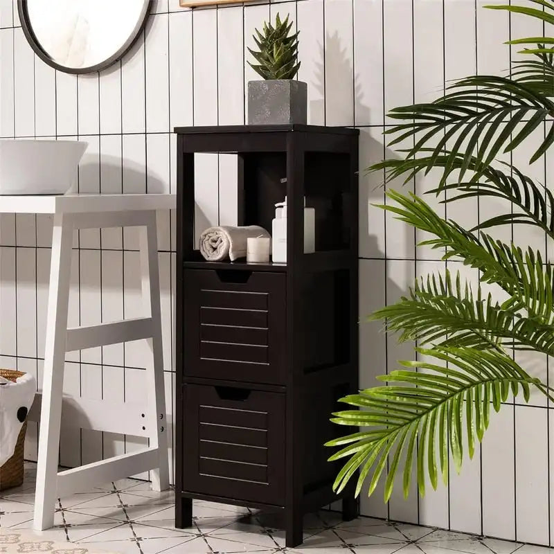 Meuble bas à 3 étagères avec 2 tiroirs et porte rainurée – Noir / Beige / Gris / Blanc, assemblage par une seule personne