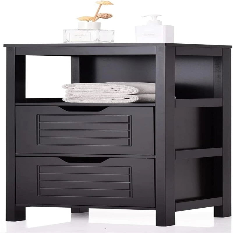 Meuble bas à 3 étagères avec 2 tiroirs et porte rainurée – Noir / Beige / Gris / Blanc, assemblage par une seule personne