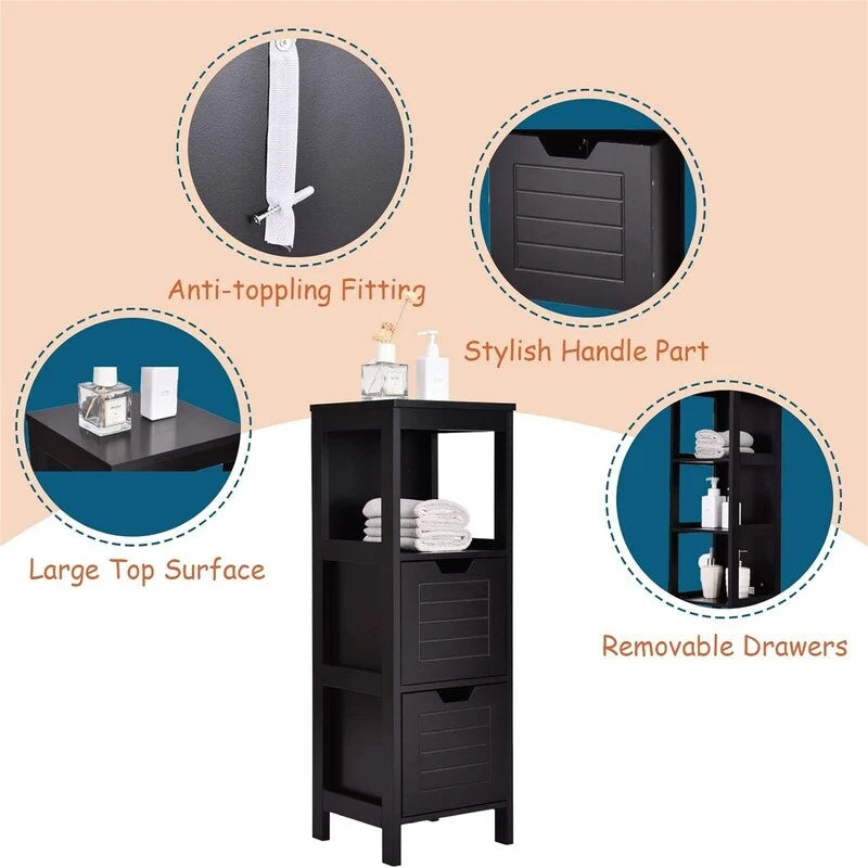 Meuble bas à 3 étagères avec 2 tiroirs et porte rainurée – Noir / Beige / Gris / Blanc, assemblage par une seule personne