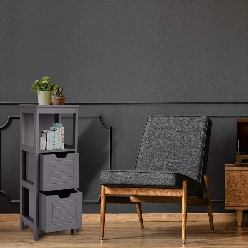 Meuble bas à 3 étagères avec 2 tiroirs et porte rainurée – Noir / Beige / Gris / Blanc, assemblage par une seule personne