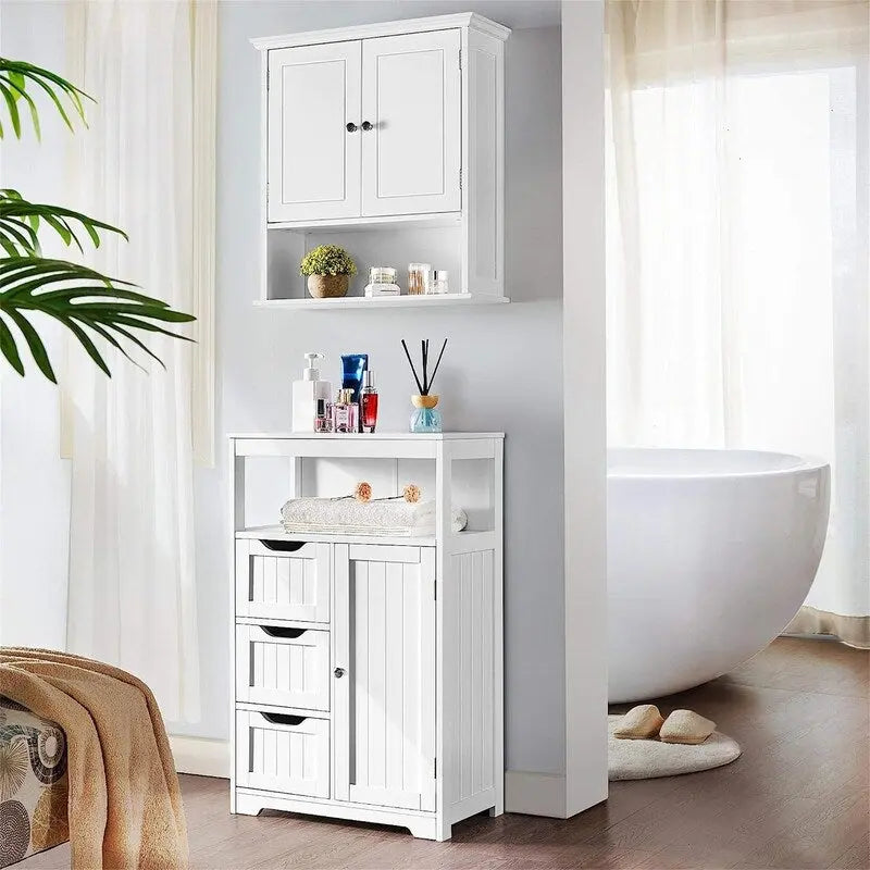 Meuble bas en bois blanc, 2 portes avec étagère ouverte
