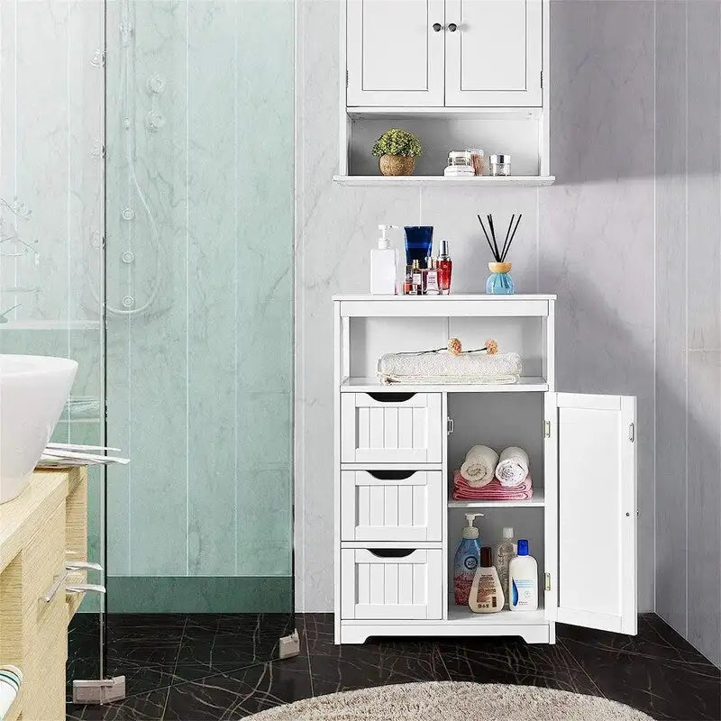 Meuble bas en bois blanc, 2 portes avec étagère ouverte