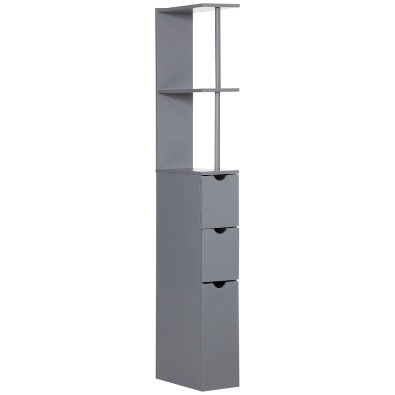 Colonne de salle de bain grise sur pied avec 2 étagères, 1 placard et 2 tiroirs – Utilisation par 1 personne