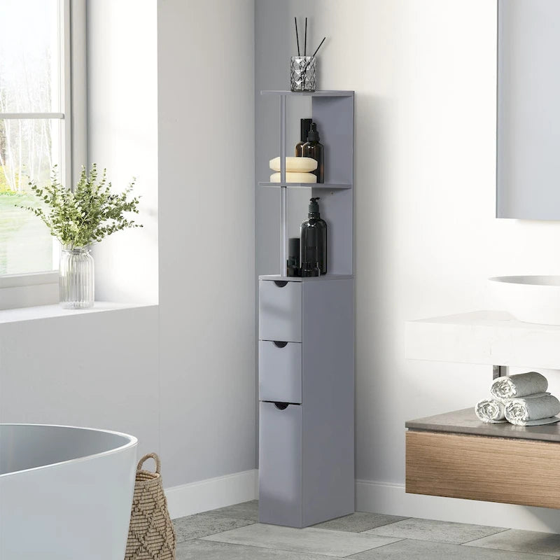 Colonne de salle de bain grise sur pied avec 2 étagères, 1 placard et 2 tiroirs – Utilisation par 1 personne