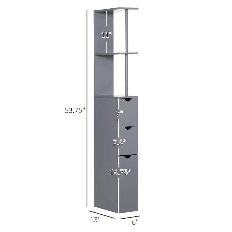 Colonne de salle de bain grise sur pied avec 2 étagères, 1 placard et 2 tiroirs – Utilisation par 1 personne