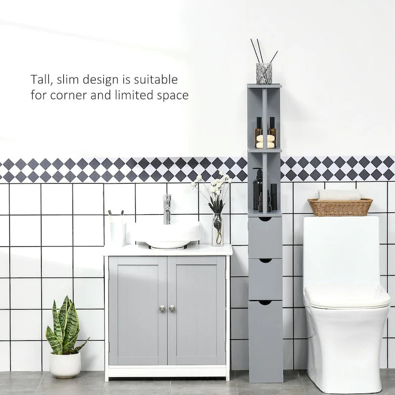 Colonne de salle de bain grise sur pied avec 2 étagères, 1 placard et 2 tiroirs – Utilisation par 1 personne