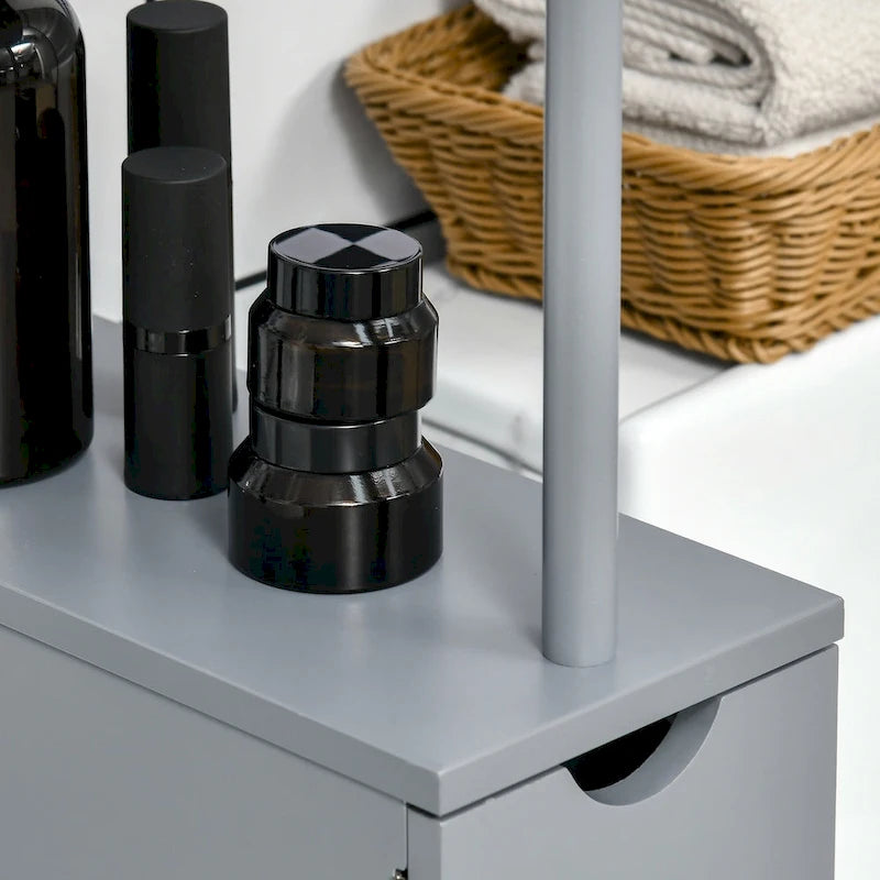 Colonne de salle de bain grise sur pied avec 2 étagères, 1 placard et 2 tiroirs – Utilisation par 1 personne
