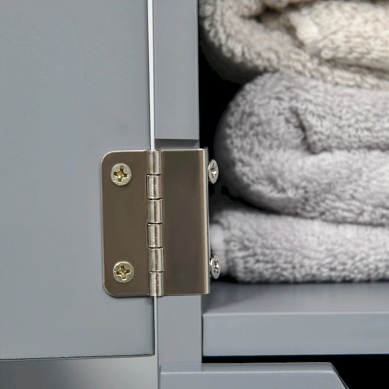 Colonne de salle de bain grise sur pied avec 2 étagères, 1 placard et 2 tiroirs – Utilisation par 1 personne