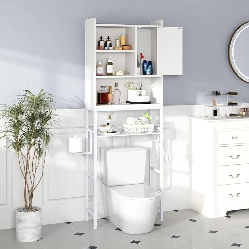 Meuble de rangement de salle de bain au-dessus des toilettes marron/blanc – 4 étagères ouvertes + placard avec porte