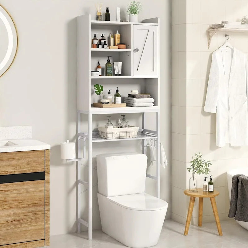 Meuble de rangement de salle de bain au-dessus des toilettes marron/blanc – 4 étagères ouvertes + placard avec porte