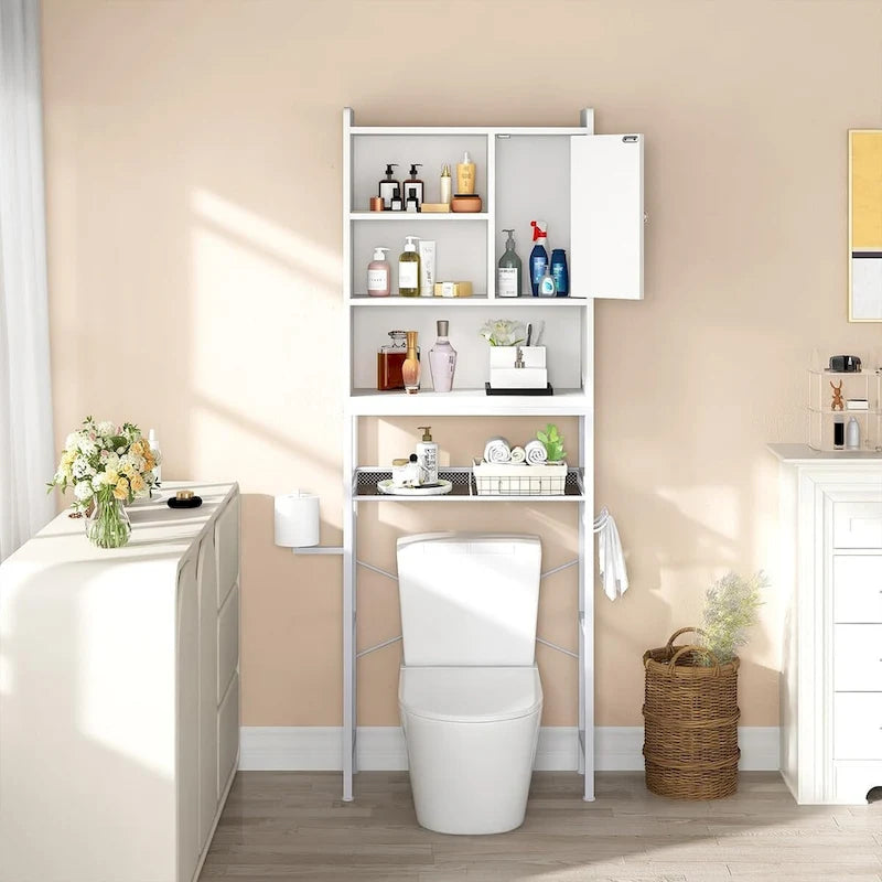 Meuble de rangement de salle de bain au-dessus des toilettes marron/blanc – 4 étagères ouvertes + placard avec porte