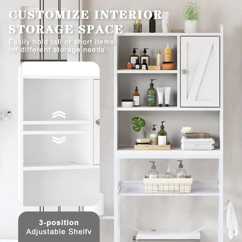 Meuble de rangement de salle de bain au-dessus des toilettes marron/blanc – 4 étagères ouvertes + placard avec porte