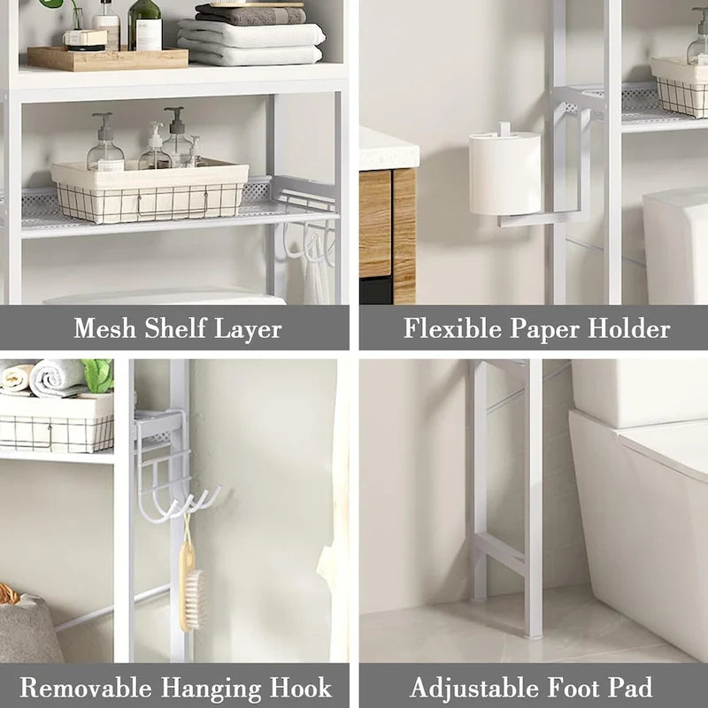Meuble de rangement de salle de bain au-dessus des toilettes marron/blanc – 4 étagères ouvertes + placard avec porte