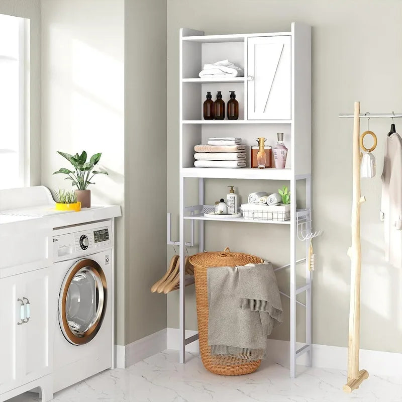 Meuble de rangement de salle de bain au-dessus des toilettes marron/blanc – 4 étagères ouvertes + placard avec porte