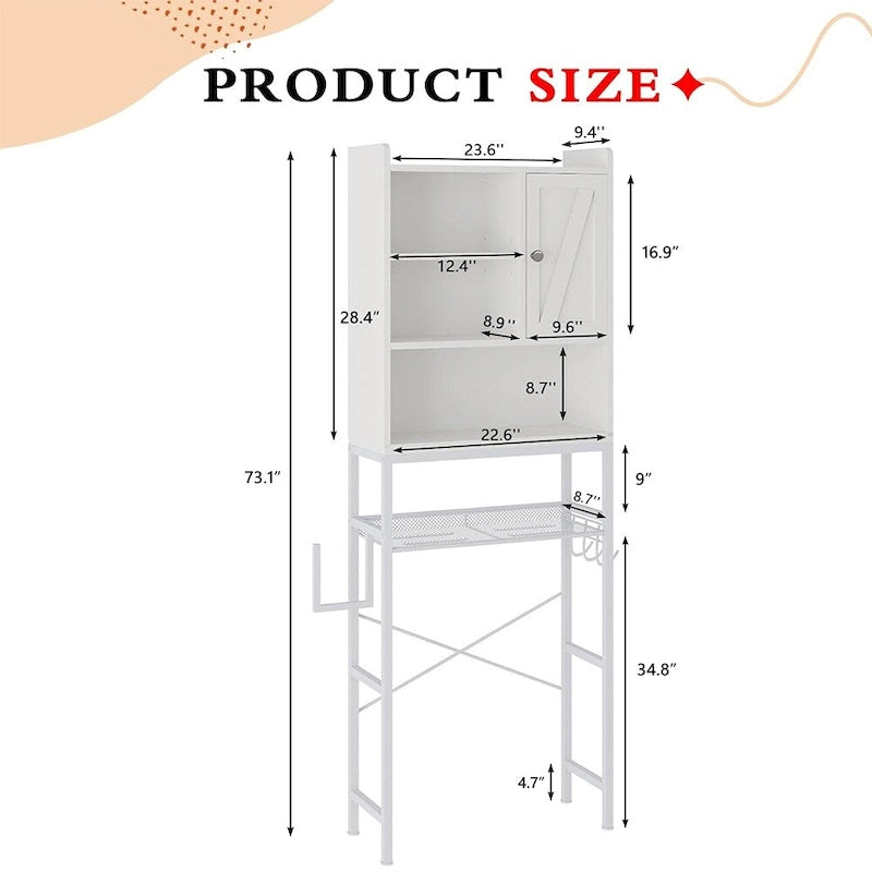 Meuble de rangement de salle de bain au-dessus des toilettes marron/blanc – 4 étagères ouvertes + placard avec porte