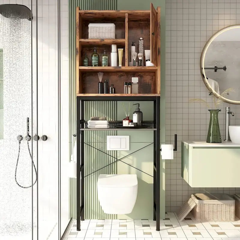 Meuble de rangement de salle de bain au-dessus des toilettes marron/blanc – 4 étagères ouvertes + placard avec porte
