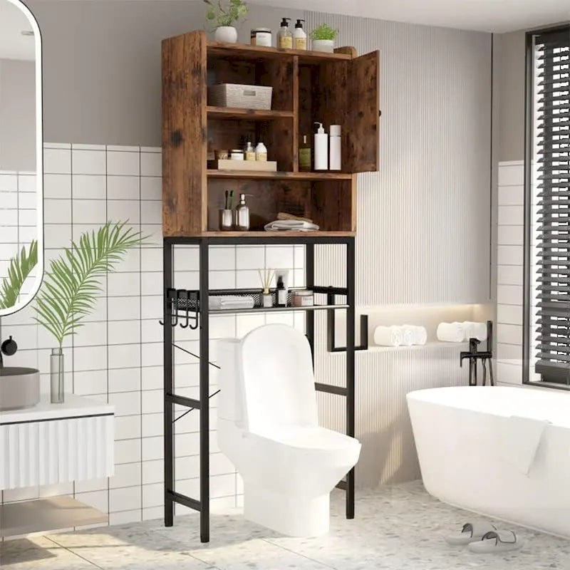 Meuble de rangement de salle de bain au-dessus des toilettes marron/blanc – 4 étagères ouvertes + placard avec porte